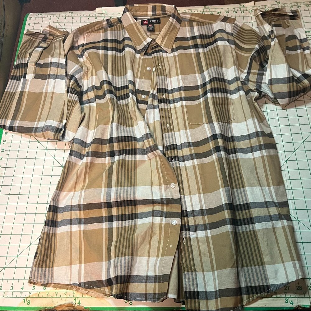 a zone mens plaid brown polyester blend stretch button shirt size 3x
